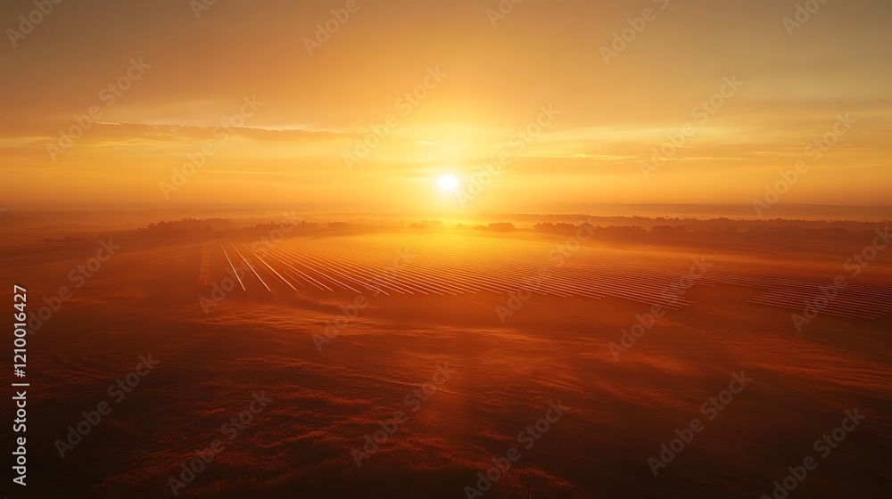 Fototapeta premium Stunning Sunrise Over Solar Farm with Vibrant Sky and Landscape