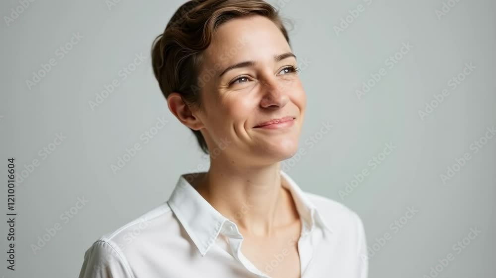Bright, Joyful Portrait of a Confident Woman Smiling Against a Neutral Background, Capturing Authentic Happiness and Positivity in Natural Light Bright, Joyful Portrait of a Confident Woman Smiling Against a Neutral Background, Capturing Authentic Happiness and Positivity in Natural Light