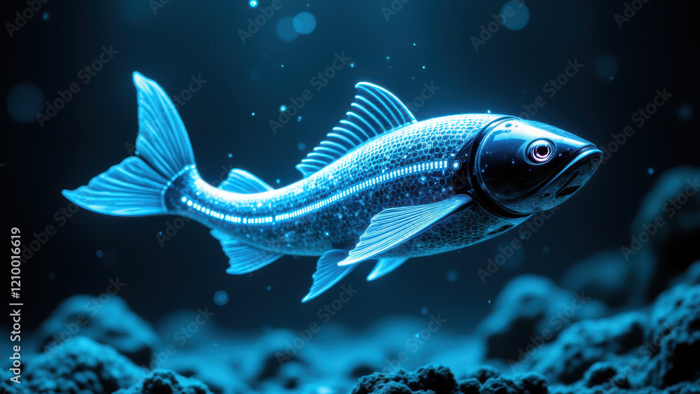A futuristic fish swimming through an illuminated underwater environment. A futuristic fish swimming through an illuminated underwater environment.