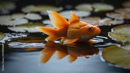 A vibrant goldfish swimming among lily pads, creating a serene aquatic scene. photo