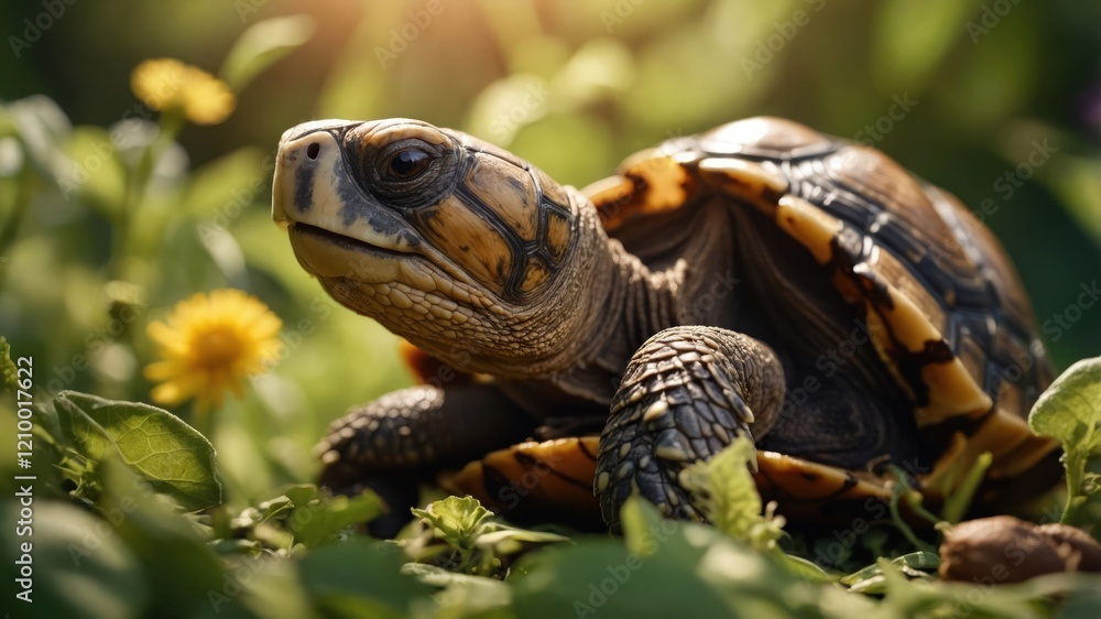 Obraz premium A close-up of a turtle resting on green foliage with sunlight filtering through.