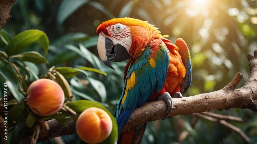 Obraz premium A vibrant parrot perched on a branch near ripe peaches in a lush, green setting.