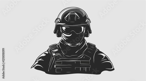 Black and white flat illustration of police special forces. SWAT. Man in police uniform.