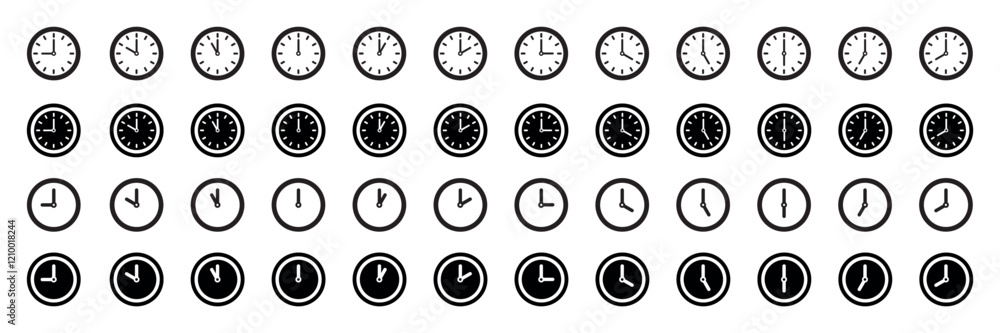 Set of time and clock icons. Analog clock, notifying each hour. Business watch. Speed time icon. Vector. Set of time and clock icons. Analog clock, notifying each hour. Business watch. Speed time icon. Vector.