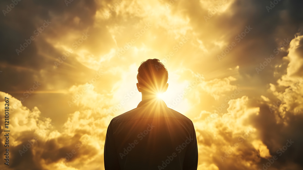 Silhouette of Man Gazing at Majestic Cloudscape with Sunbeams and Spiritual Ambiance : Generative AI