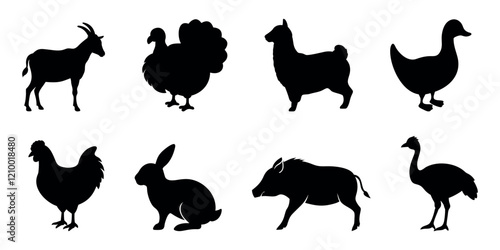 vector set of farm animals silhouettes in flat style