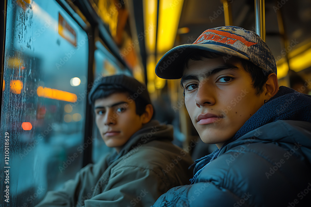 Young men on bus, looking out window, with rainy atmosphere. scene captures moment of contemplation and connection in vibrant urban setting Young men on bus, looking out window, with rainy atmosphere. scene captures moment of contemplation and connection in vibrant urban setting