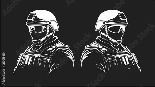 Black and white flat illustration of police special forces. SWAT. Man in police uniform.