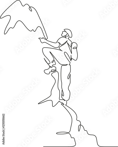 One continuous single drawing line art flat doodle cliff, climbing, adventure, mountain, rope, hiking, rock climbing. Isolated image hand draw contour on a white background, hand drawn, not AI