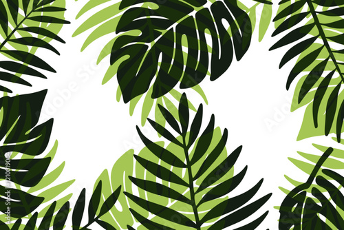 Green tropical leaves create an abstract design. Minimalistic trendy background.