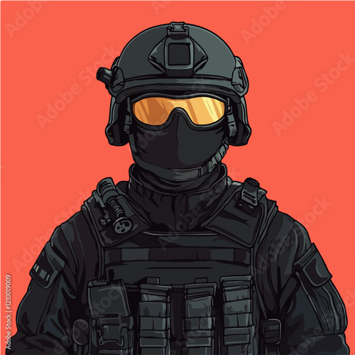 Flat illustration of police special forces. SWAT. Man in police uniform.