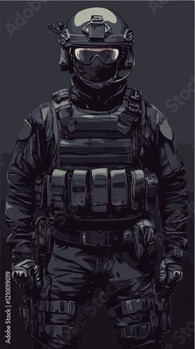 Flat illustration of police special forces. SWAT. Man in police uniform.