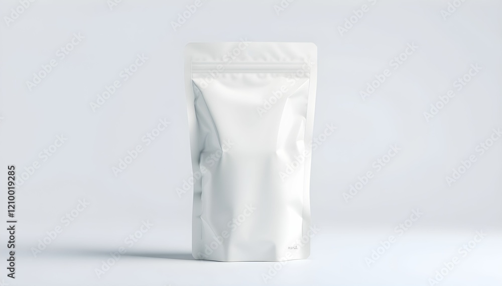 White packaging pouch, minimalist design, studio lighting, soft shadows, clean background, product photography, glossy surface, subtle texture, 3D rendering, high-resolution, commercial aesthetic