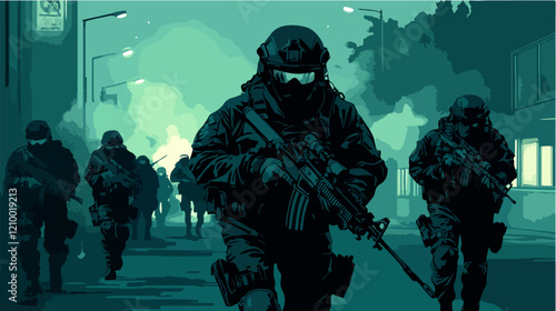 Flat illustration of police special forces. SWAT. Man in police uniform.