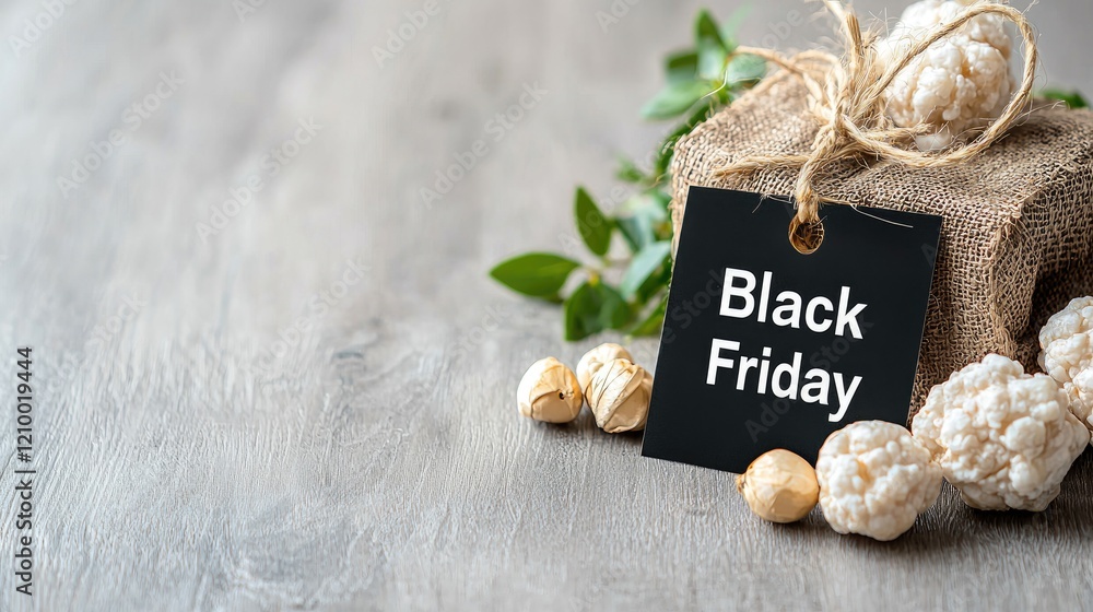 Fototapeta premium Black Friday sale gift box, wooden background, snacks