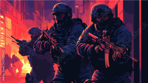Flat illustration of police special forces. SWAT. Man in police uniform.