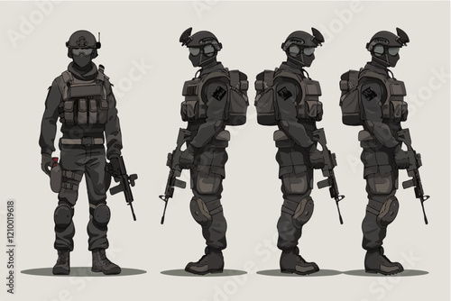 Flat illustration of police special forces. SWAT. Man in police uniform.