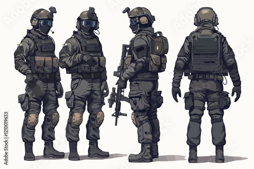 Flat illustration of police special forces. SWAT. Man in police uniform.