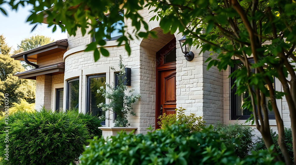Fototapeta premium Luxury Home Exterior: Modern Brick House with Landscaped Garden