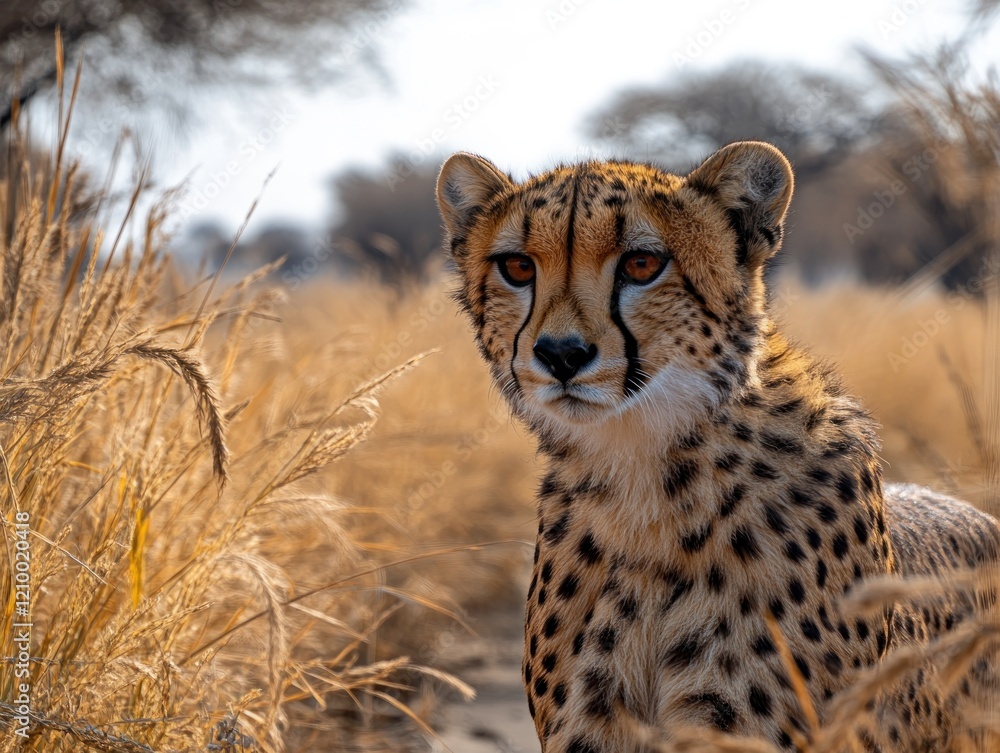 A cheetah with striking orange eyes peers out from tall golden grass on a clear day A cheetah with striking orange eyes peers out from tall golden grass on a clear day