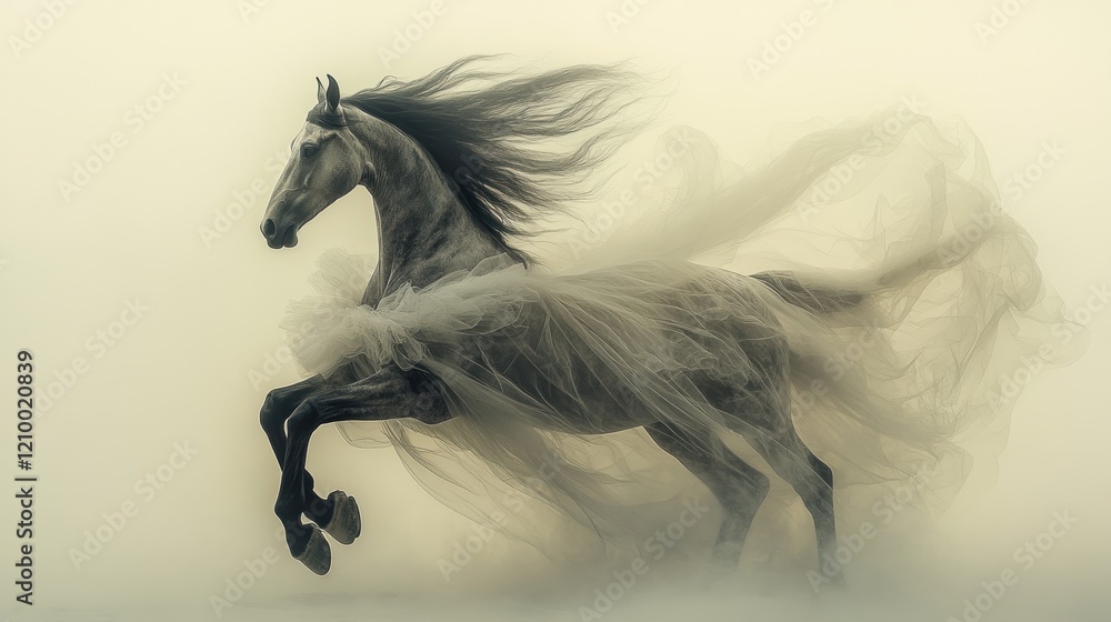 Fototapeta premium Majestic grey stallion leaps, flowing fabric, misty background, equine art