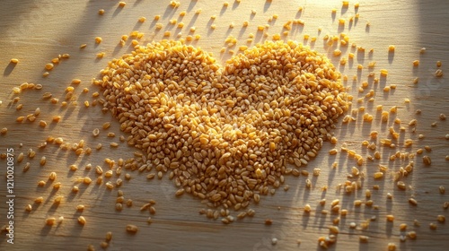 Artistic Arrangement of Whole Grains in Heart Shape on Wood photo