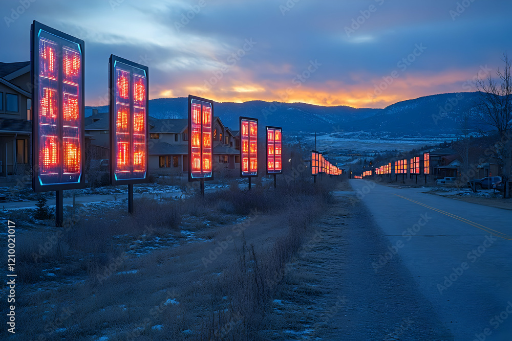 Obraz premium Luminous Sunset Landscape with Glowing Digital Signs along a Residential Path
