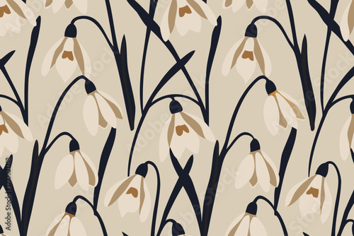 Snowdrop flowers  trendy minimalistic background. Floral background.