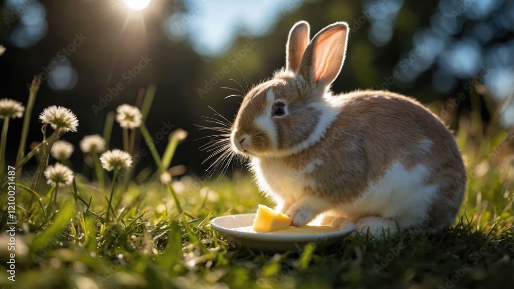 Fototapeta premium A rabbit enjoying a piece of cheese on a plate in a sunlit grassy field.