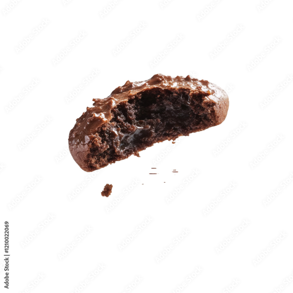A cookie with a bite taken out, floating on white. A cookie with a bite taken out, floating on white.