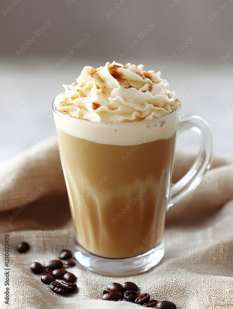 Creamy Coffee with Whipped Topping in a Glass Mug on a Cozy Linen Setting : Generative AI Creamy Coffee with Whipped Topping in a Glass Mug on a Cozy Linen Setting : Generative AI