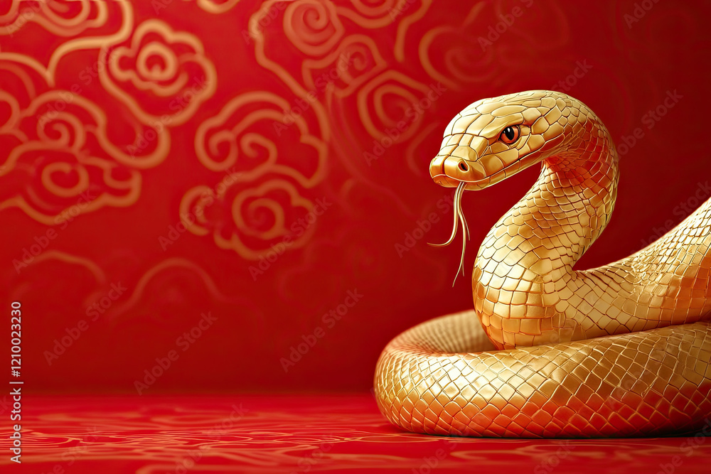 Fototapeta premium Happy Chinese New Year 3D Golden Snake Design With Text Space On Red Background
