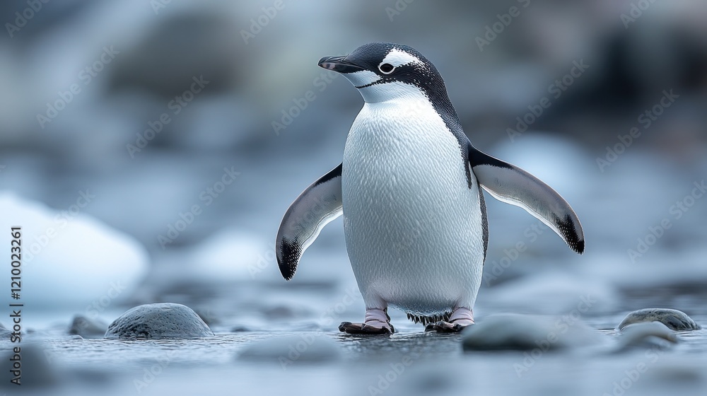 Fototapeta premium Antarctic Chinstrap Penguin chick waddling rocky shore, iceberg background, wildlife documentary
