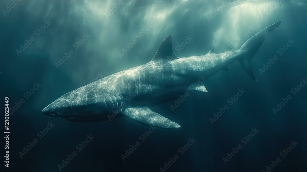Fototapeta premium Oceanic shark swims, deep ocean, sunlit water, wildlife documentary