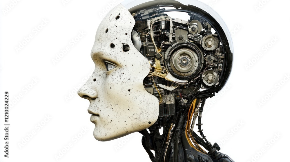 Robotic Head, Mechanical Brain, White Background, AI Concept, Technology Illustration Robotic Head, Mechanical Brain, White Background, AI Concept, Technology Illustration