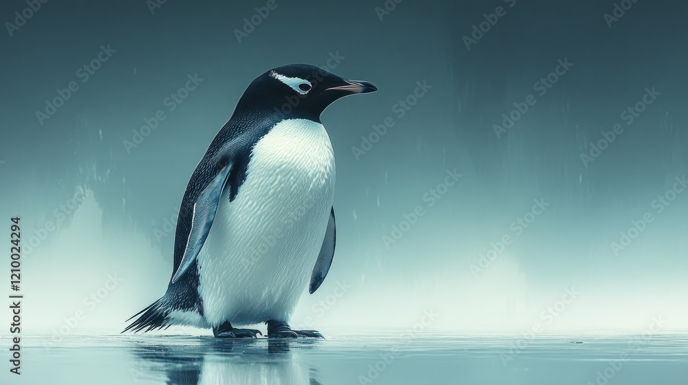 Obraz premium Antarctic penguin standing on ice, snowy background, wildlife documentary