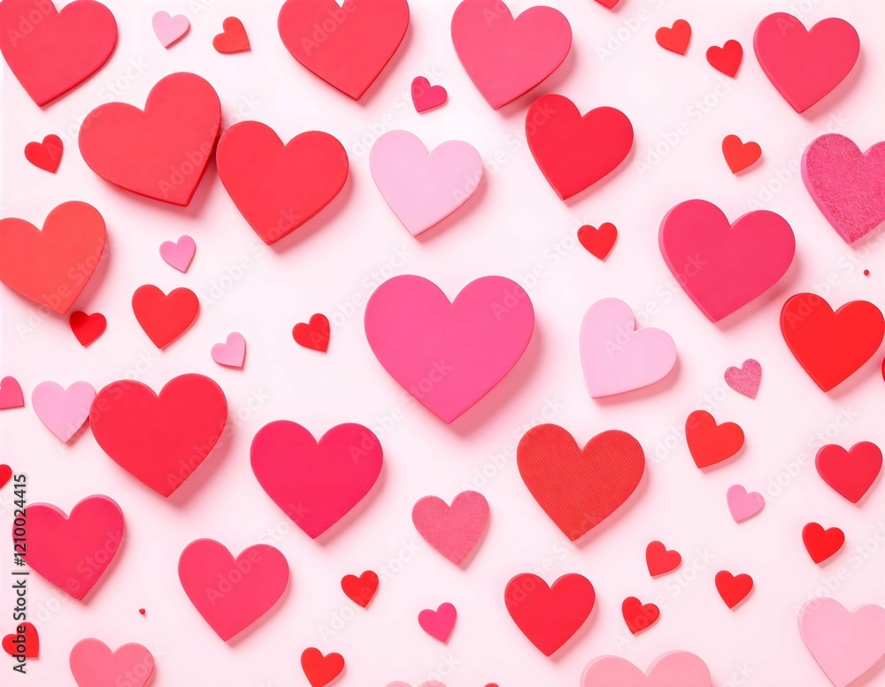 Playful pattern of red and pink paper hearts scattered on a pastel pink background, perfect for Valentine's Day. Horizontal festive design. Playful pattern of red and pink paper hearts scattered on a pastel pink background, perfect for Valentine's Day. Horizontal festive design.
