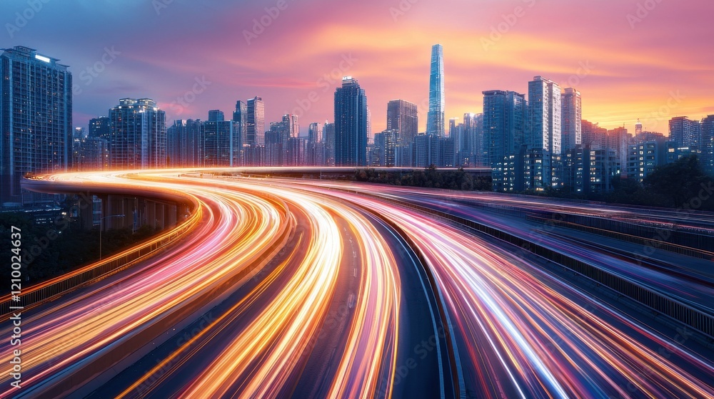 Fototapeta premium Vibrant Cityscape with Illuminating Highways at Colorful Sunset in Bustling Metropolis