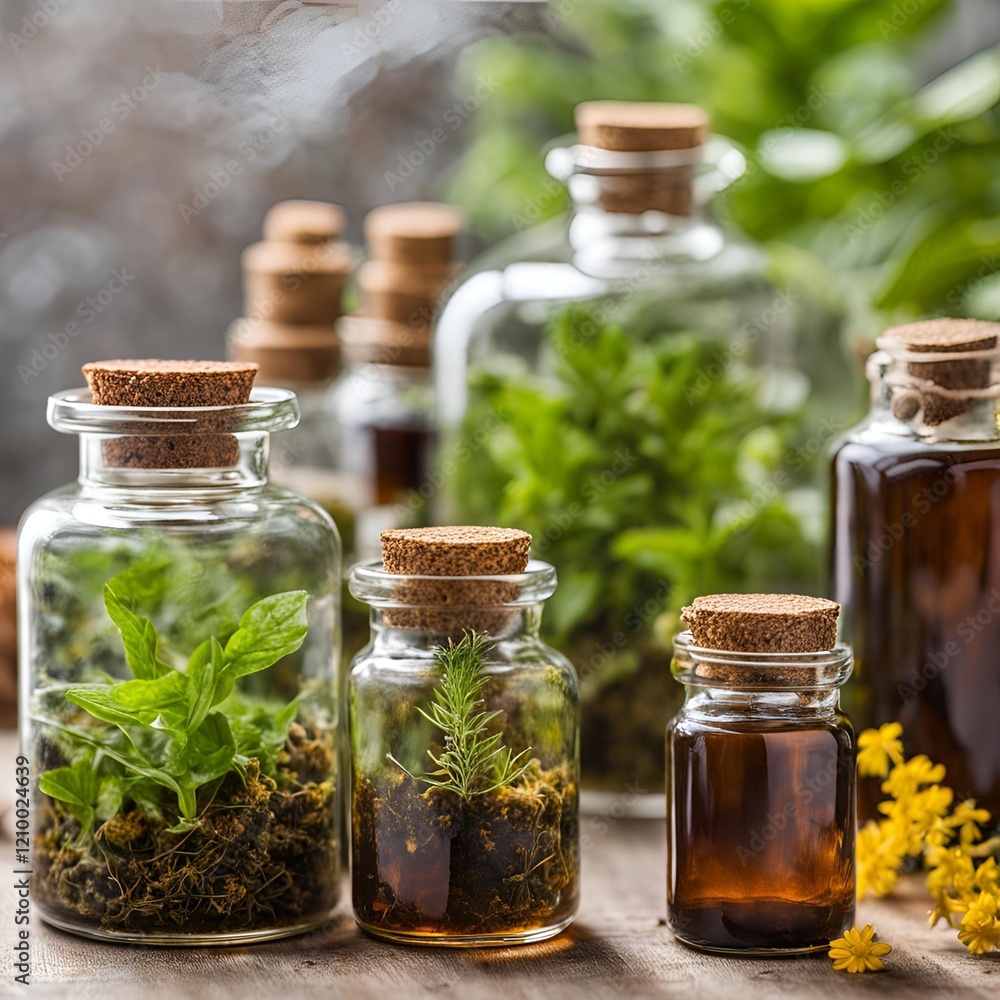 Close-up of herbal tinctures in glass bottles surrounded by fresh plants, immune system and health. Close-up of herbal tinctures in glass bottles surrounded by fresh plants, immune system and health.