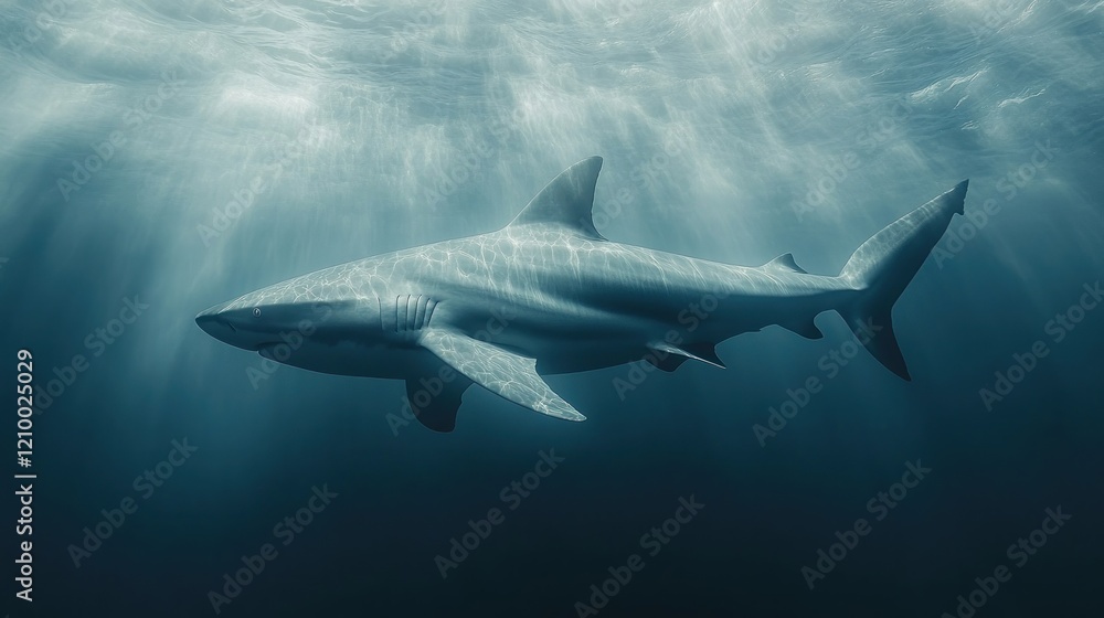 Fototapeta premium Oceanic shark swims sunlit deep sea, dramatic lighting, nature documentary