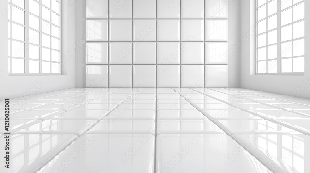 Modern white room interior design, bright windows, tiled floor, clean background, perfect for product display Modern white room interior design, bright windows, tiled floor, clean background, perfect for product display