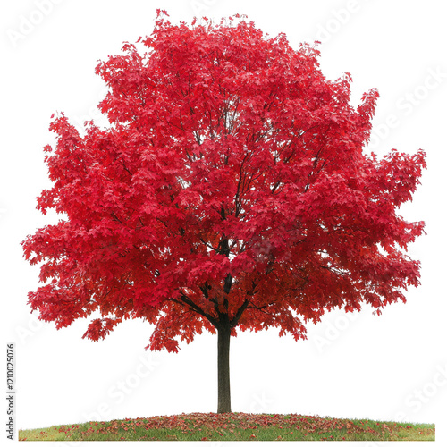 vibrant red-leaved tree standing alone on a grassy area. showcasing the beauty of autumn foliage the tree's striking color contrasts with the white background. emphasizing its natural beauty and seaso photo