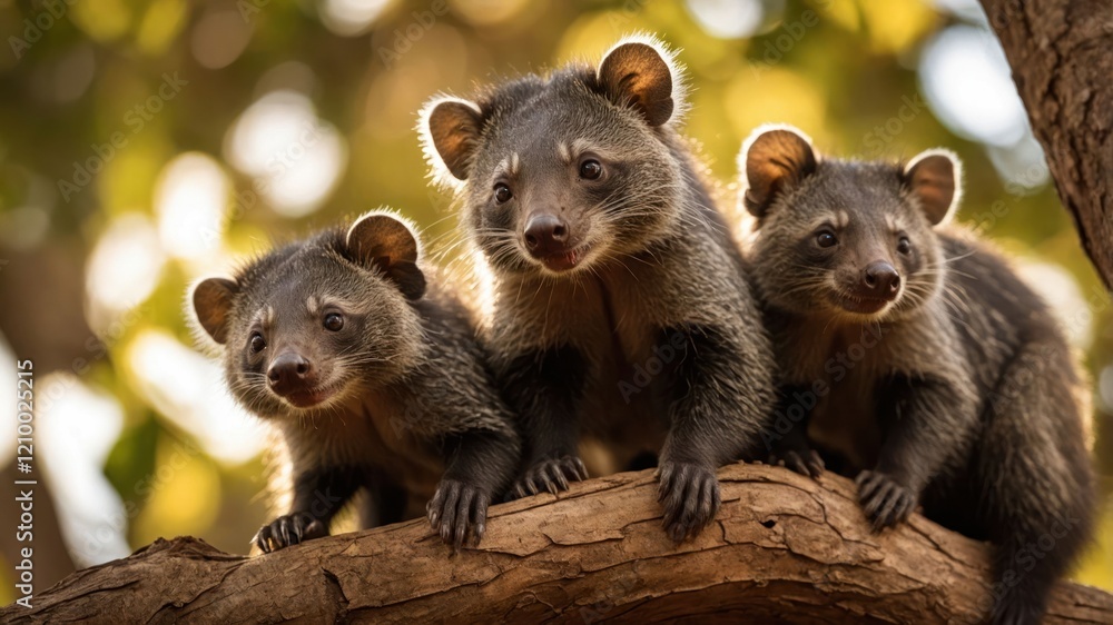 Three playful animals perched on a branch in a natural setting. Three playful animals perched on a branch in a natural setting.