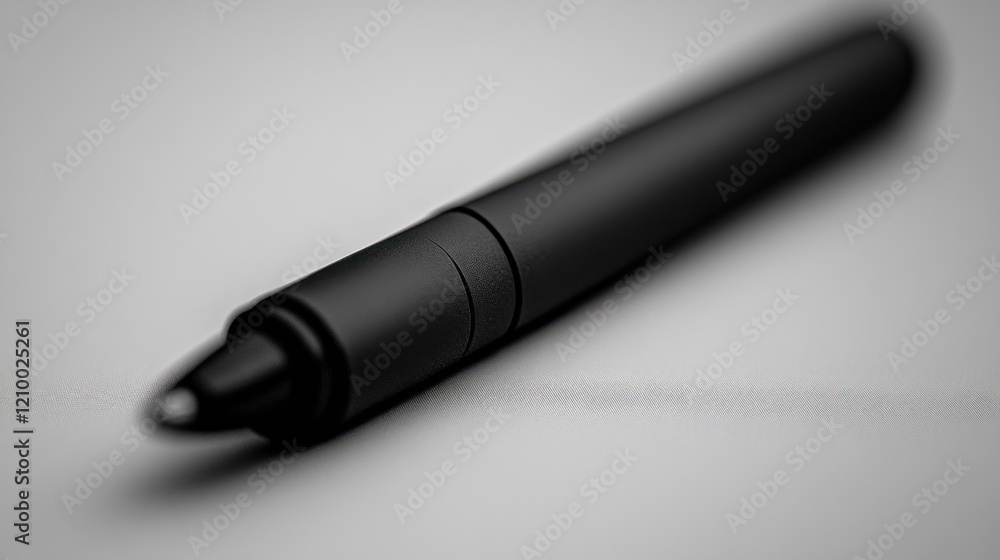 Black pen rests on desk, close-up, shallow depth of field, office background, for stationery advertising Black pen rests on desk, close-up, shallow depth of field, office background, for stationery advertising