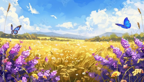 A picturesque field of wildflowers with blue butterflies flying overhead. The distant mountains are bathed in sunlight, creating a sense of serenity and peace.