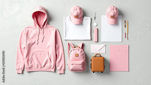 Stylish Flat Lay of Pink Hoodie, White T-Shirt, Matching Pink Backpack, Cap, Suitcase, and Accessories for Modern Casual Fashion and Travel Essentials