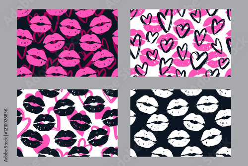 Valentine's Day set of patterns, trendy minimalistic seamless pattern design 