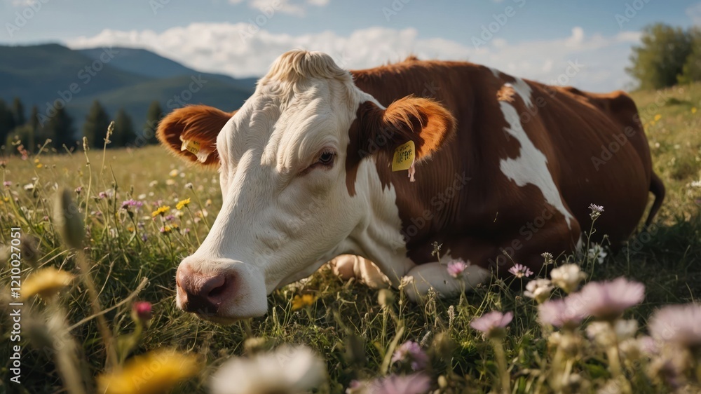A resting cow in a field of flowers with mountains in the background. A resting cow in a field of flowers with mountains in the background.