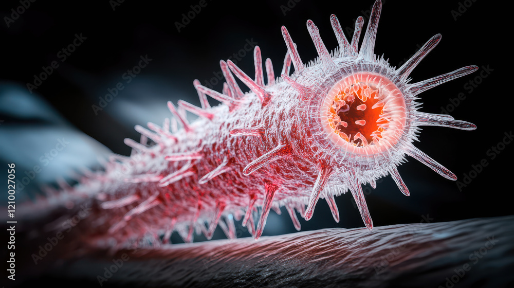 Close-up of a vibrant parasitic organism with spiked structure and intricate red details Close-up of a vibrant parasitic organism with spiked structure and intricate red details