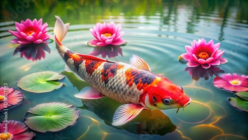 Vibrant Koi Fish with Pink Water Lilies in Pond photo